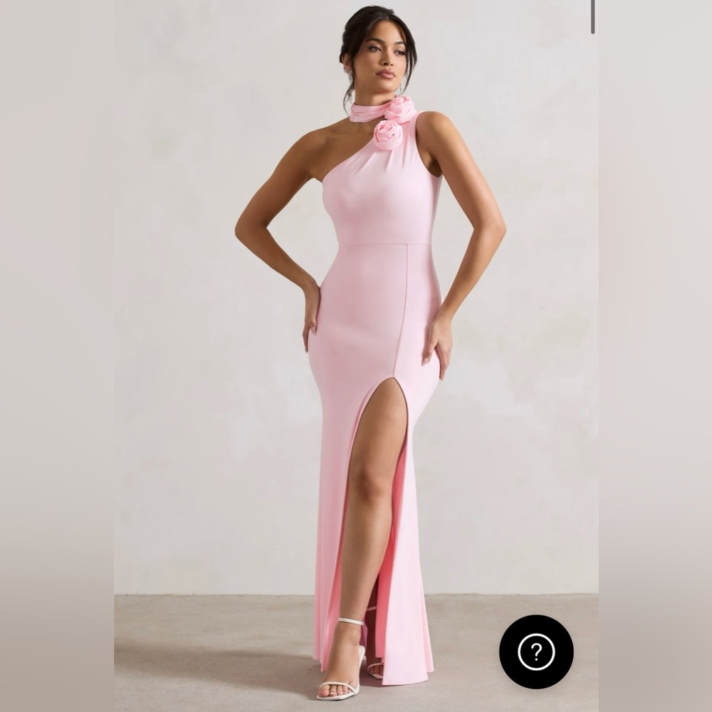 In Suspense Pink One Shoulder Halter-Neck Split Maxi Dress With Flower